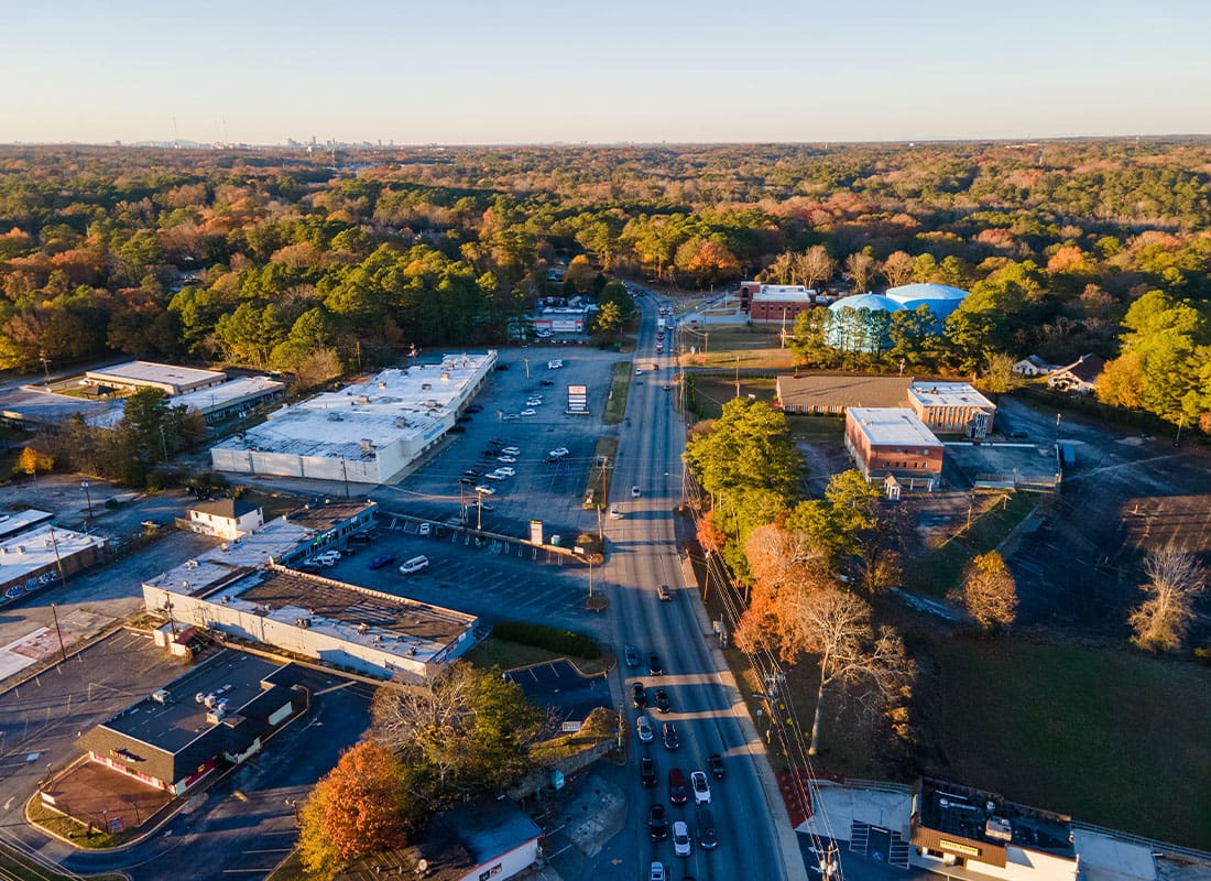 Loganville, GA - Aerial Landscape of Parking Lot on Glenwood Avenue During Fall in Decatur Atlanta Georgia